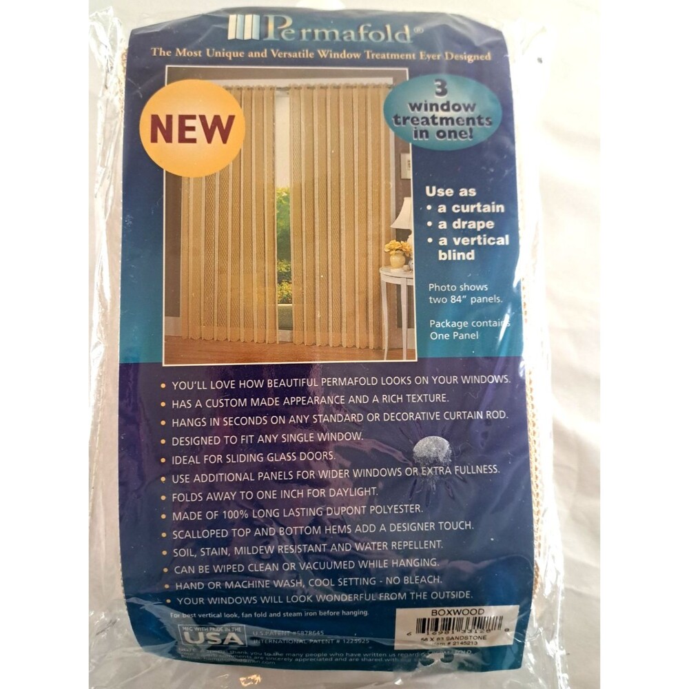 NEW Vintage Permafold Curtain Panel Beige Boxwood 56x63 Stiff Woven Retro Boho